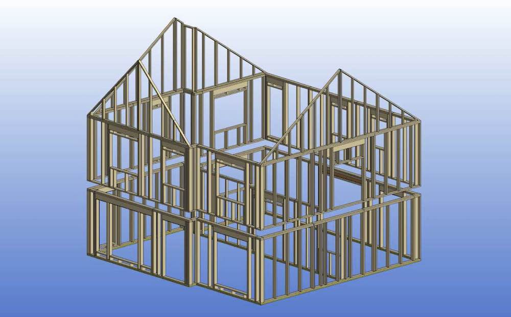 3D CAD render of a Timber Frame for a two story house 